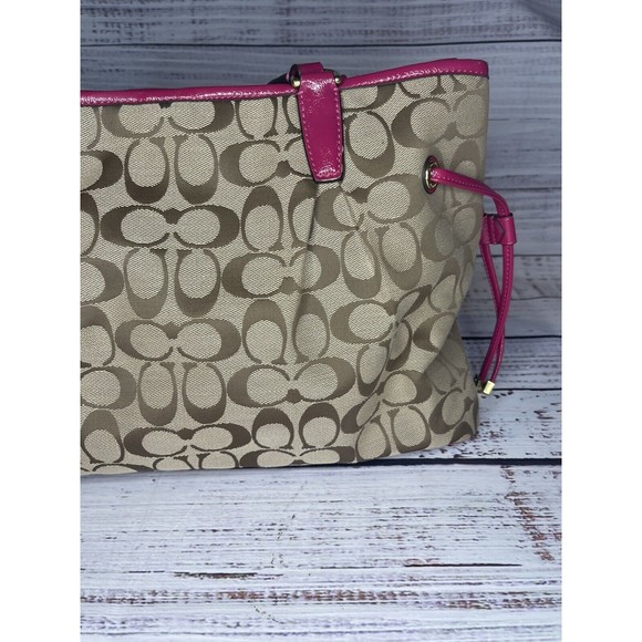 COACH F28501 Signature Stripe Drawstring Carryall Satchel Bag Pink Purse - Picture 9 of 16